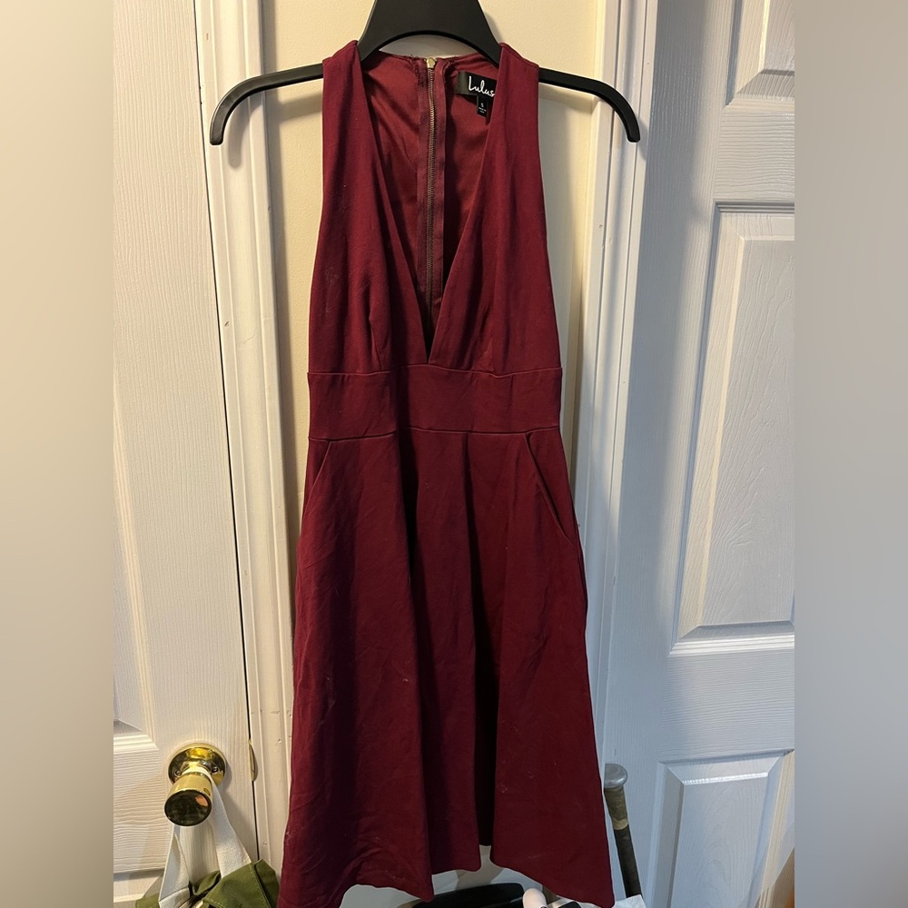 Lulus Woman Fit & Flare Dress S Wine Halter Top Exposed Zip Pockets Stretch